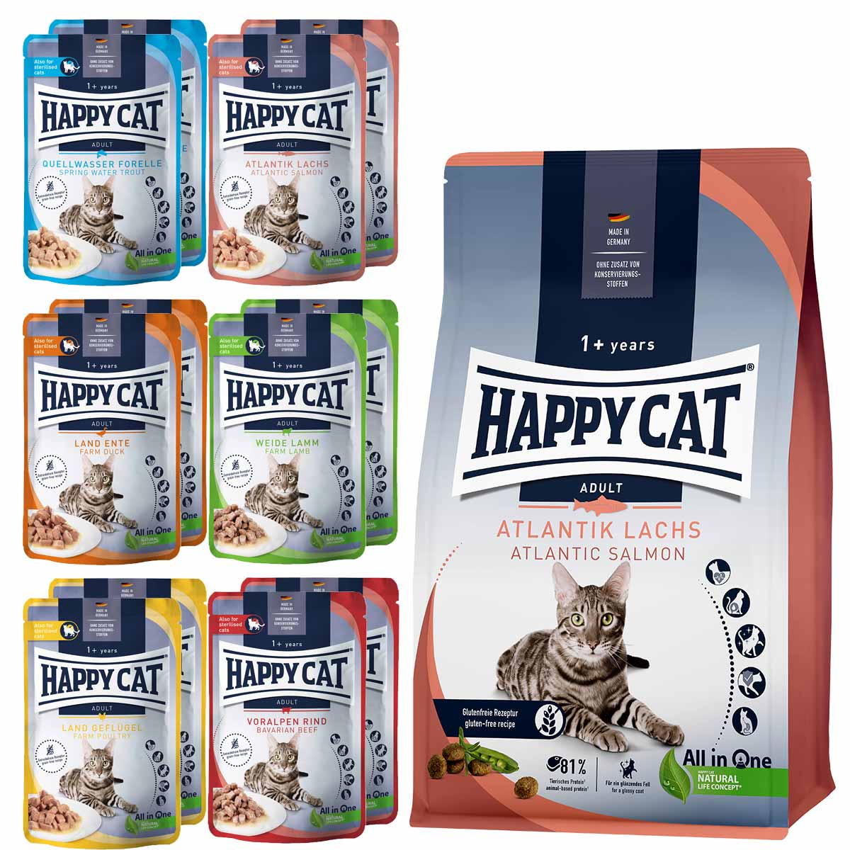 Happy Cat Culinary Adult Atlantik Lachs 10 kg + Mischtray 1 Happy Cat Pouches 12x85g gratis