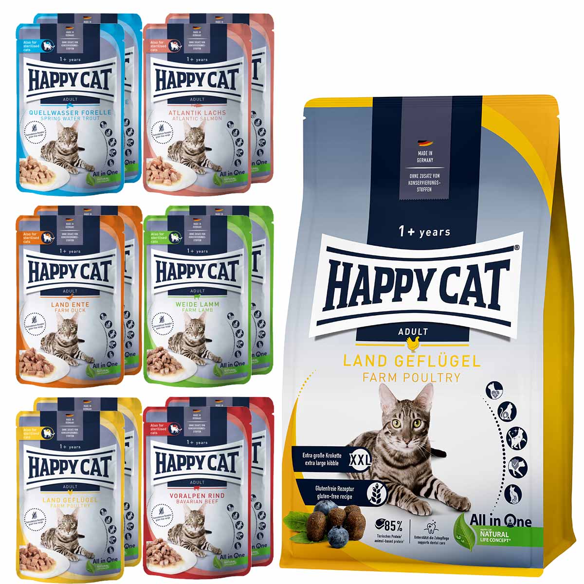 Happy Cat Culinary Adult Land Geflügel 10 kg + Mischtray 1 Happy Cat Pouches 12x85g gratis