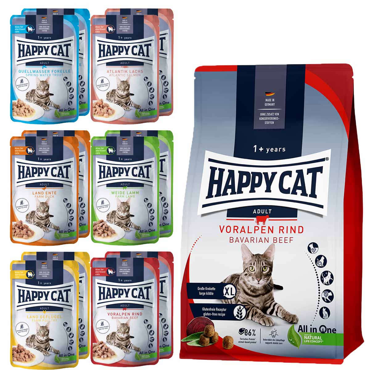 Happy Cat Culinary Adult Voralpen Rind 10 kg + Mischtray 1 Happy Cat Pouches 12x85g gratis