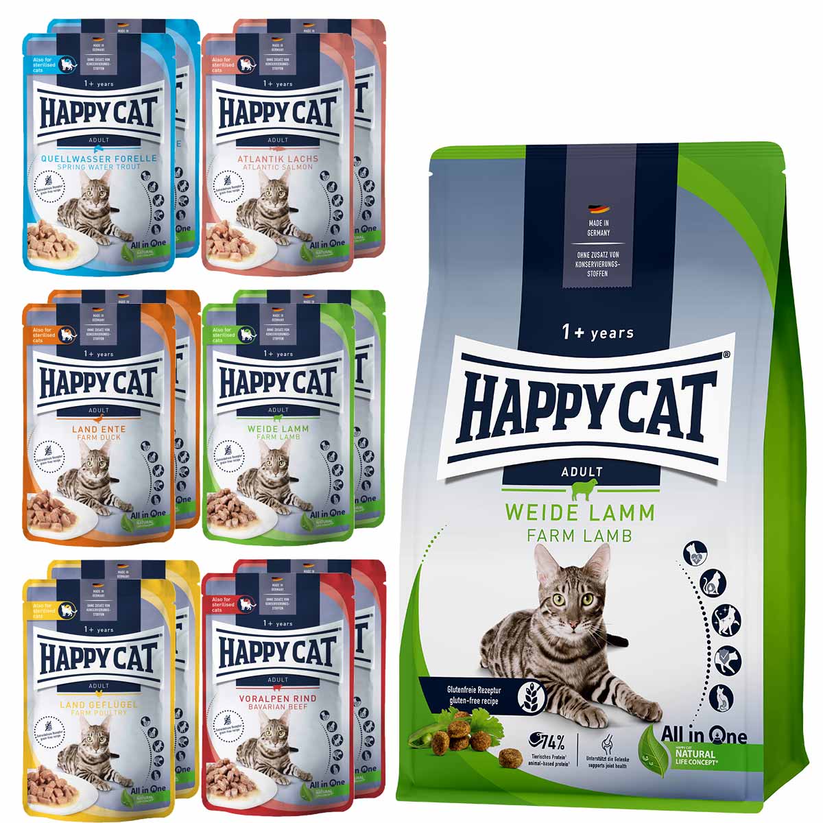 Happy Cat Culinary Adult Weide Lamm 10 kg + Mischtray 1 Happy Cat Pouches 12x85g gratis